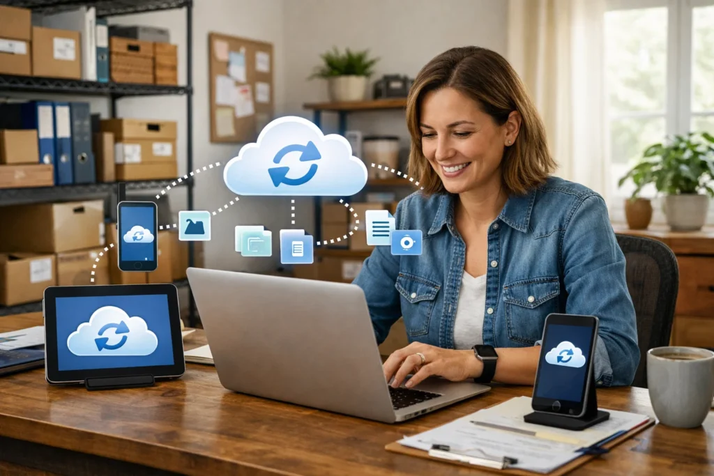 Small business owner using cloud storage to manage files securely