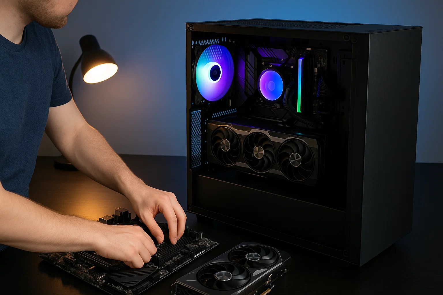 Person building a custom PC with motherboard and graphics card setup.