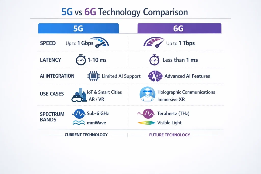 Comparison chart showing key differences between 5G and 6G technology