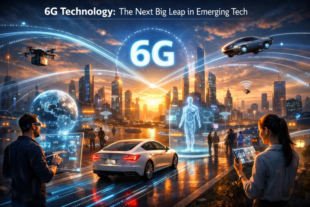 6G technology powering a futuristic smart city with AI and ultra-fast connectivity
