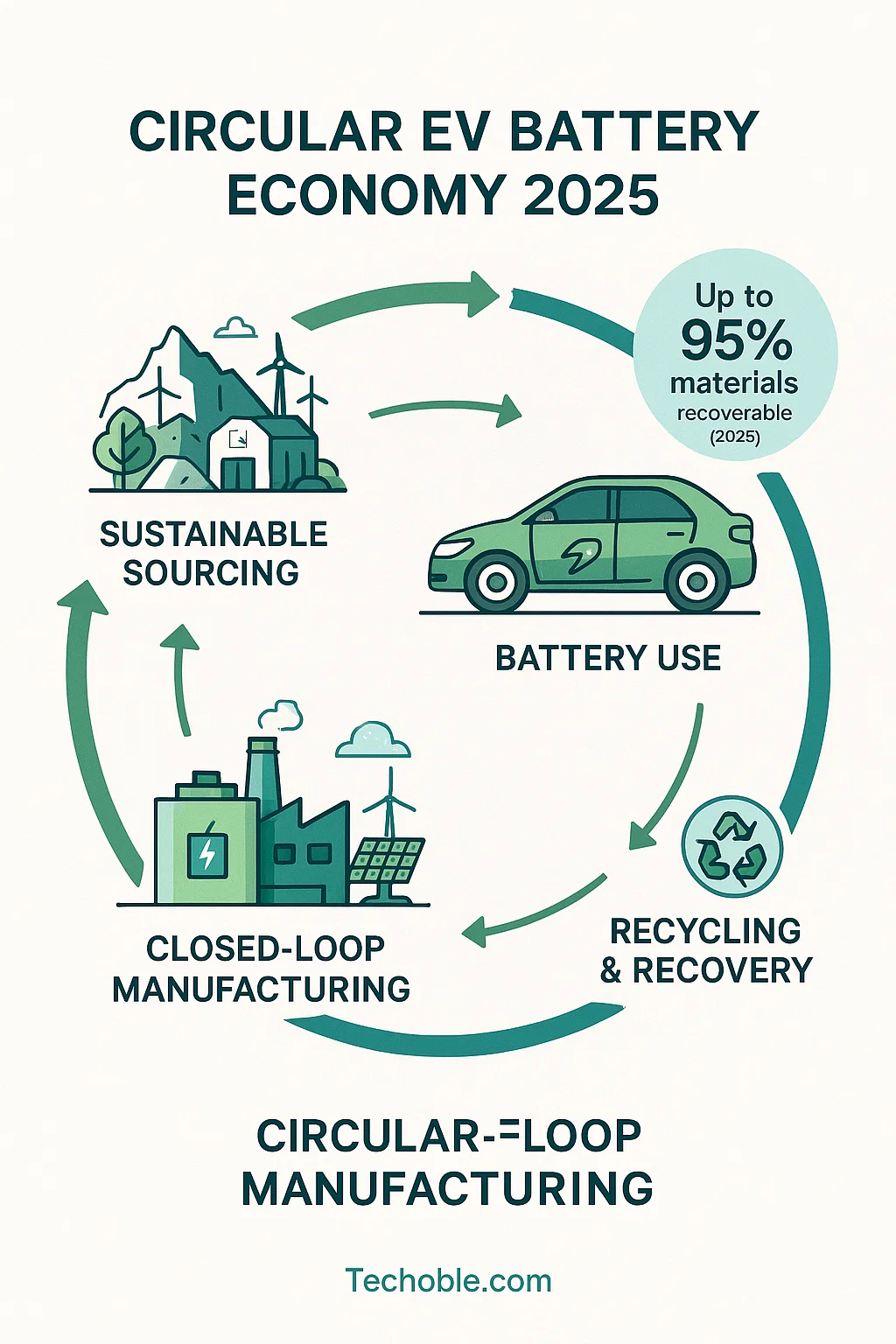 Latest Electric Vehicle Updates 2025: What’s New? 5 Infographic showing the circular economy of EV batteries from mining to recycling and reuse in 2025.