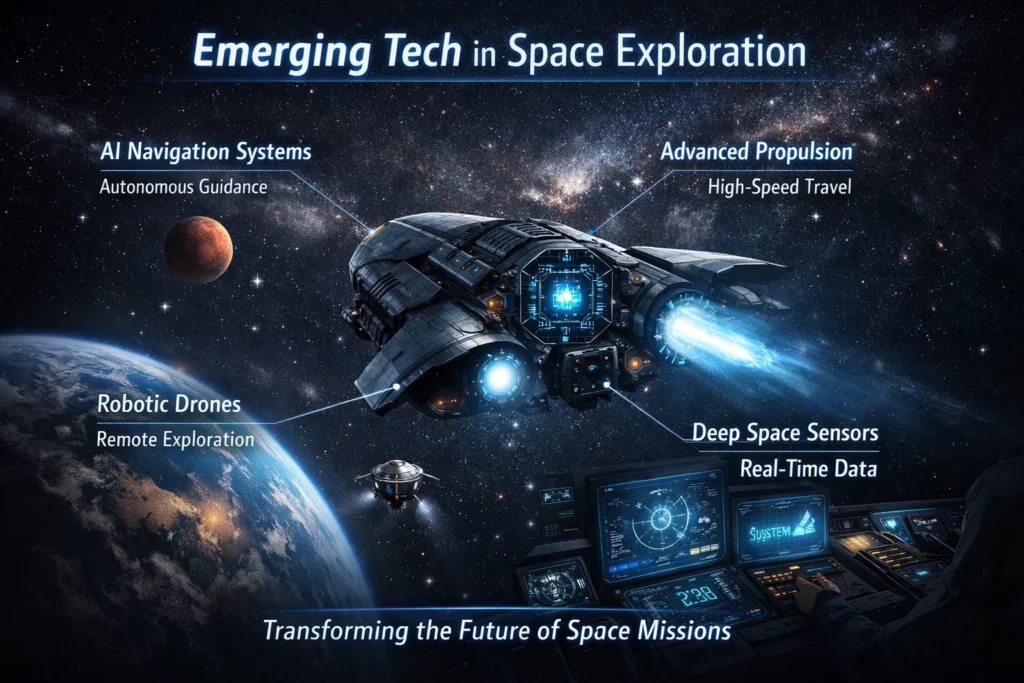 Emerging tech in space exploration shown through an advanced spacecraft exploring deep space