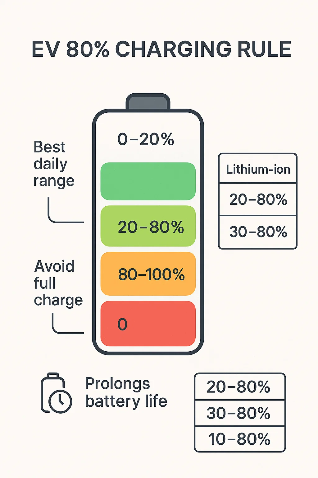 Latest Electric Vehicle Updates 2025: What’s New? 3 Infographic showing the 80 percent charging rule for electric vehicles with battery health tips and charge range zones.