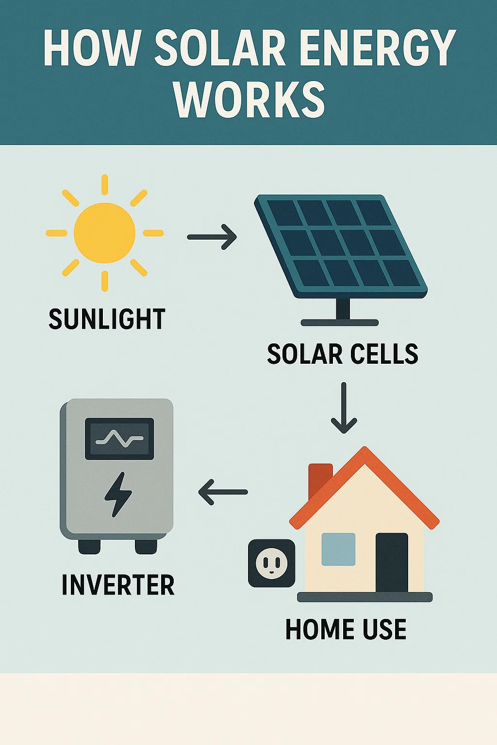 How Solar Energy Works: Power from Sunlight Explained 2 Diagram showing the solar energy conversion process from panels to power