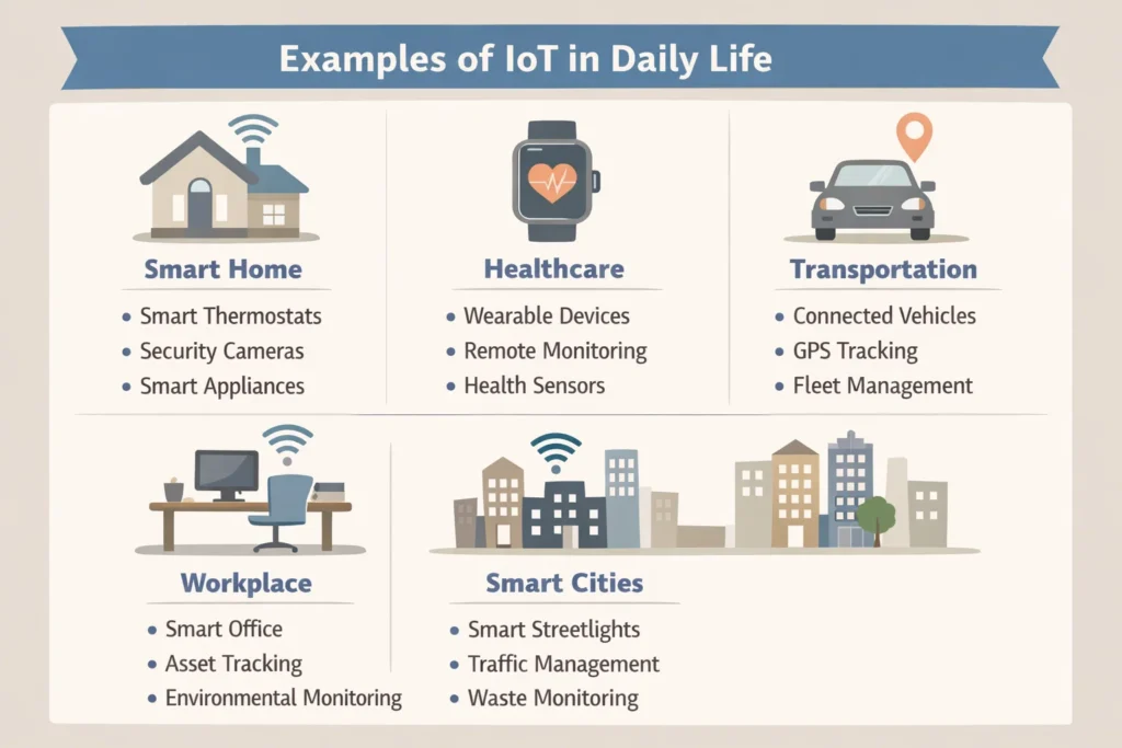 Infographic showing examples of Internet of Things in everyday life.