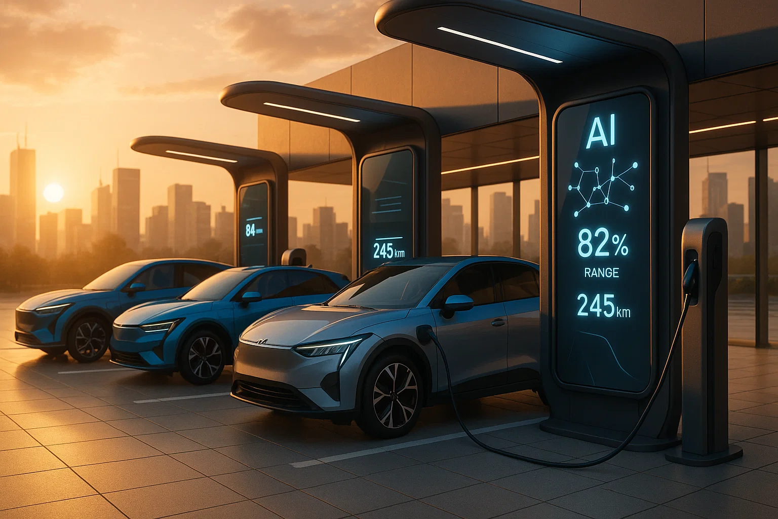 electric cars charging at a modern AI-powered station