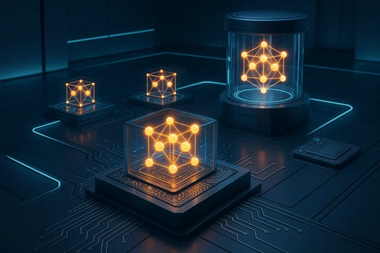 A modern quantum computers with glowing qubits representing new computing breakthroughs