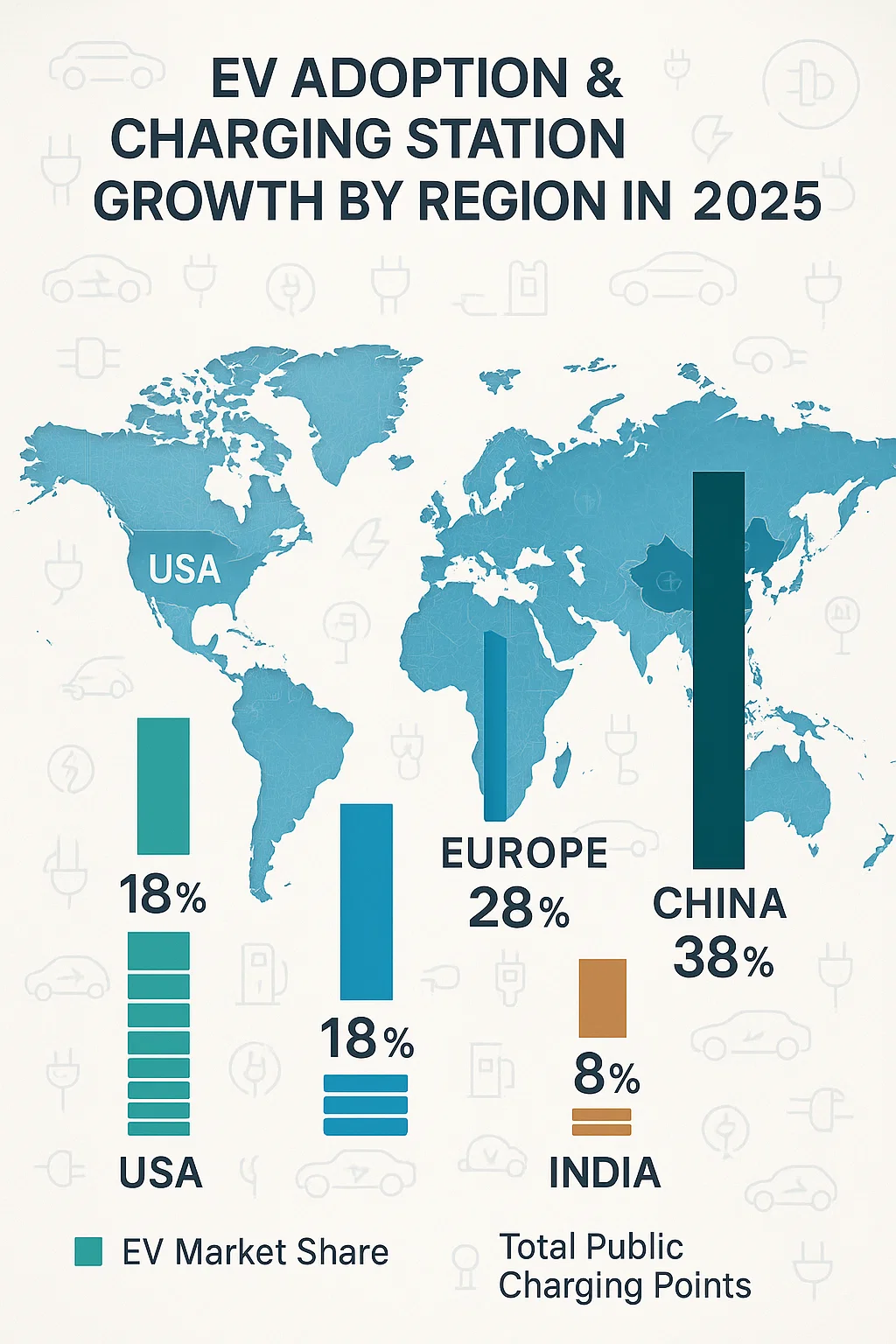Latest Electric Vehicle Updates 2025: What’s New? 2 World map infographic showing electric vehicle adoption and charging station growth by region in 2025.