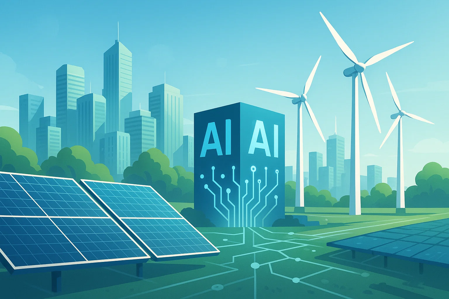 Smart AI systems managing renewable energy for a sustainable green city.