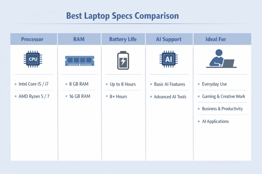 Infographic comparing processor, RAM, and battery features for the best laptops 2026.