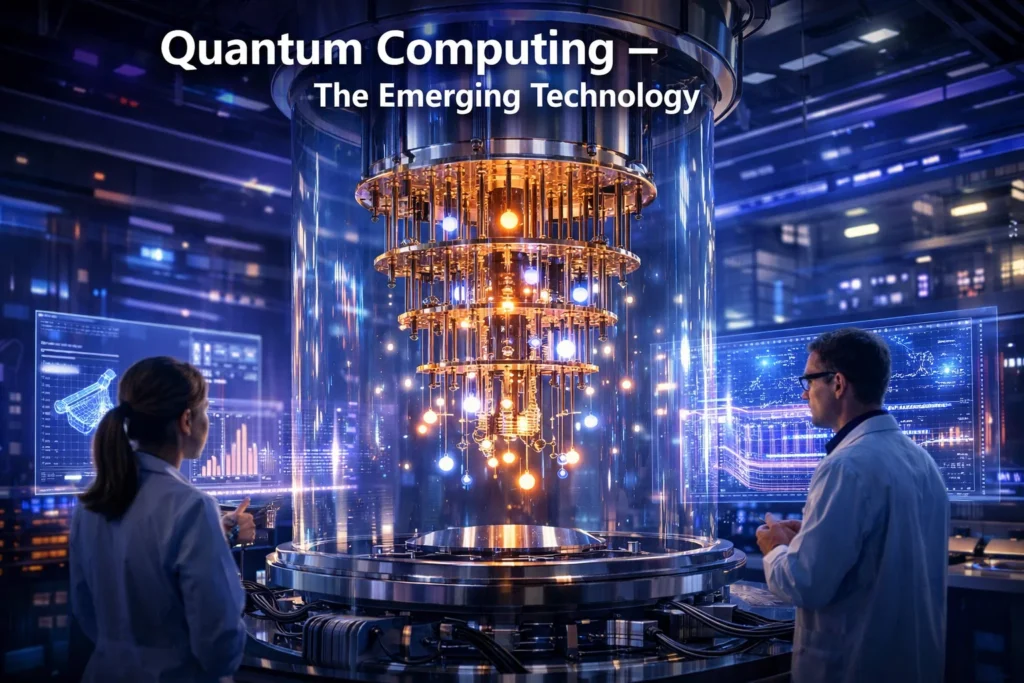 Quantum computing lab showing qubits and futuristic processors