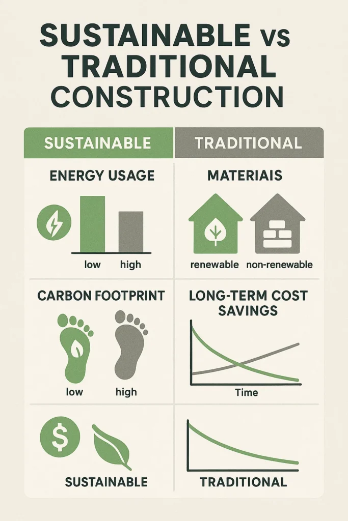 Infographic comparing sustainable and traditional building methods with focus on energy, materials, and emissions