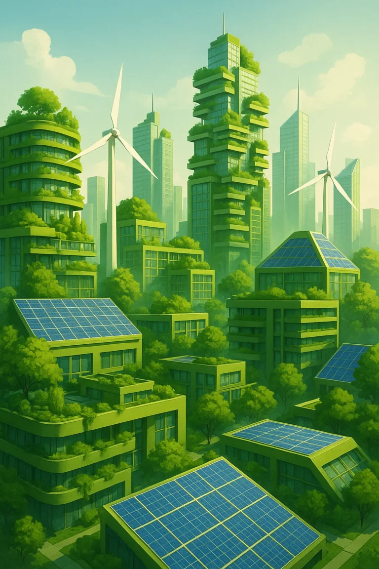 Modern green city showcasing sustainable construction technologies for greener living