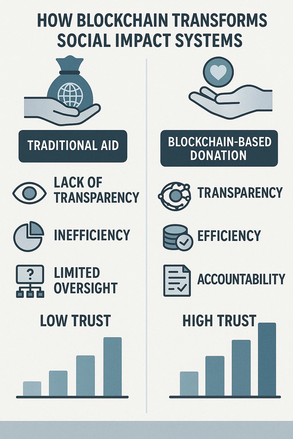 Infographic showing blockchain’s transparency and efficiency in global aid compared to traditional systems