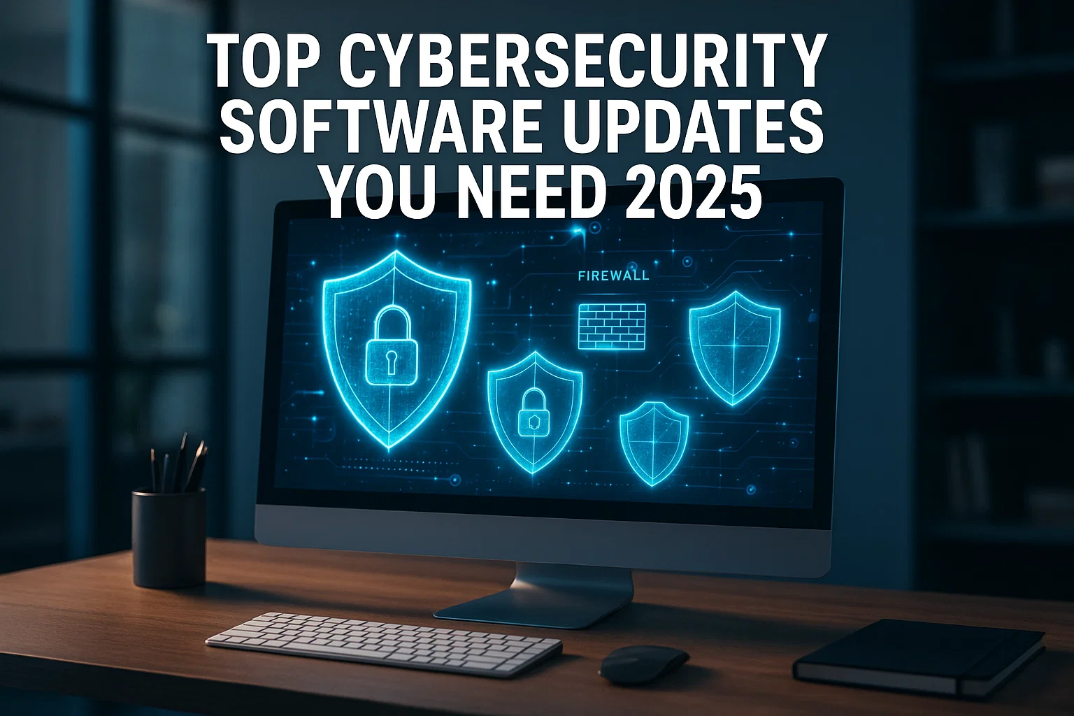 Computer showing digital shields representing 2025 cybersecurity software updates