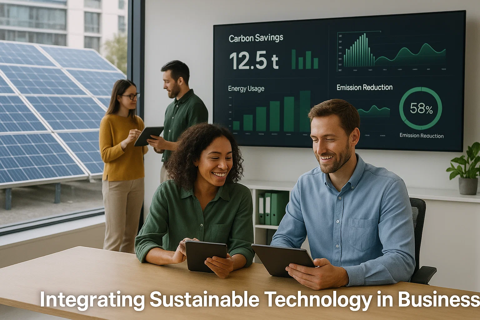 Business team using sustainable technology like solar energy and smart systems