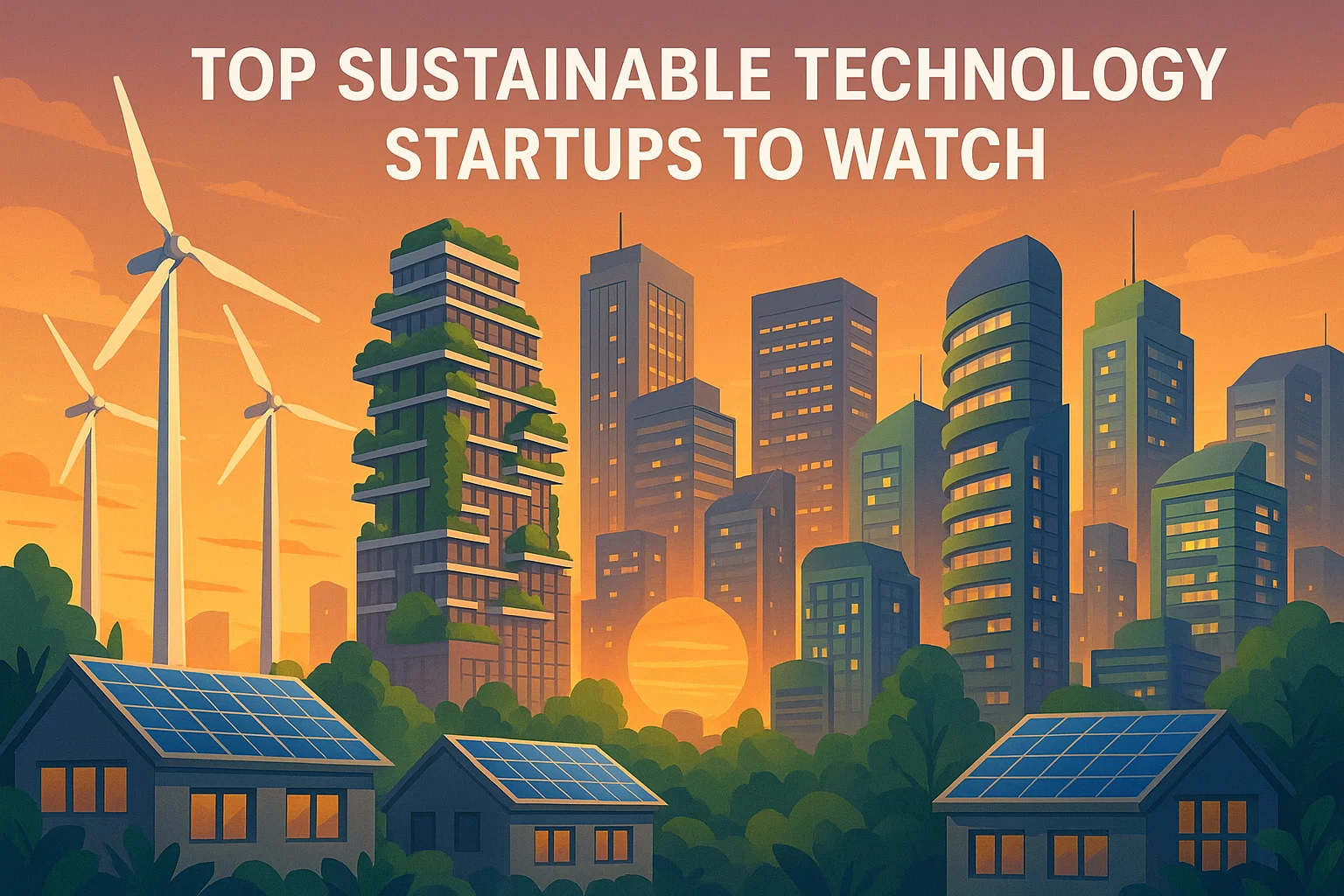 A futuristic green city representing sustainable technology startups