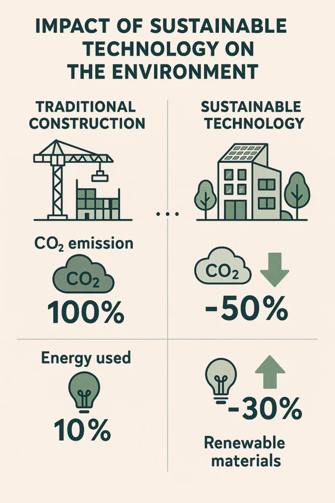 The Role of Sustainable Technology in Achieving Global Environmental Goals 2 Infographic showing energy savings and emission reduction through sustainable technology