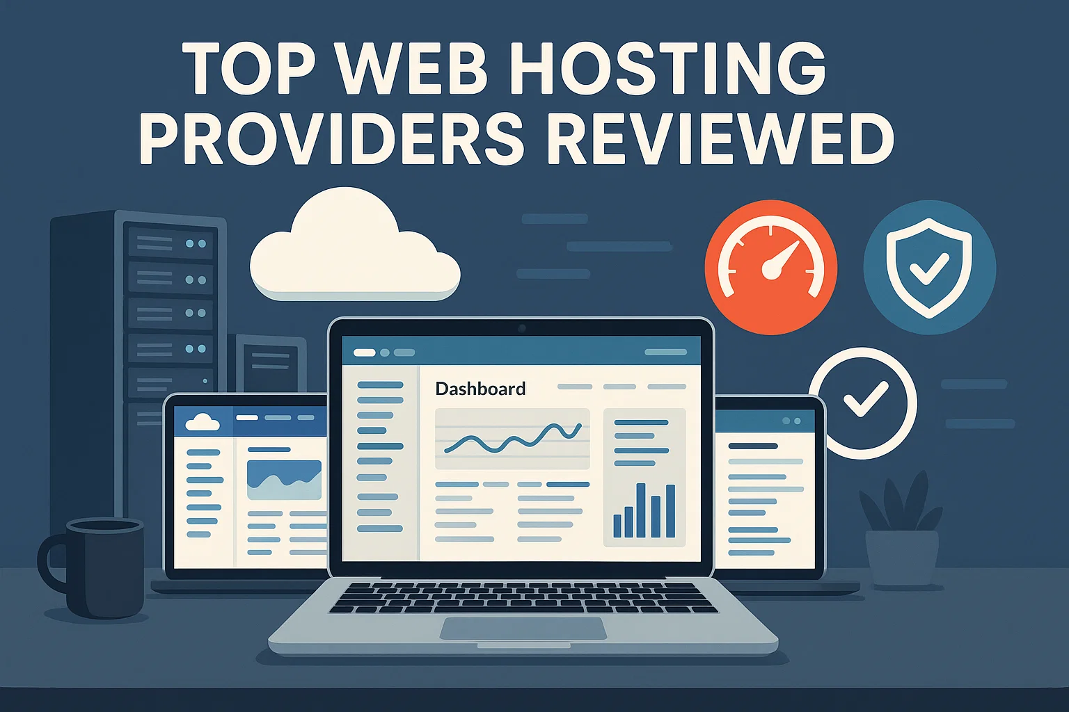 A modern workspace showing top web hosting providers reviewed with speed and security icons.