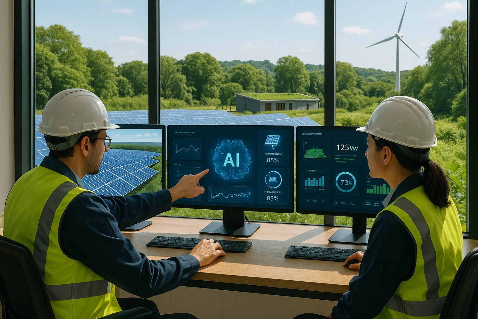 Engineers monitoring solar farm output using AI dashboards for sustainable energy