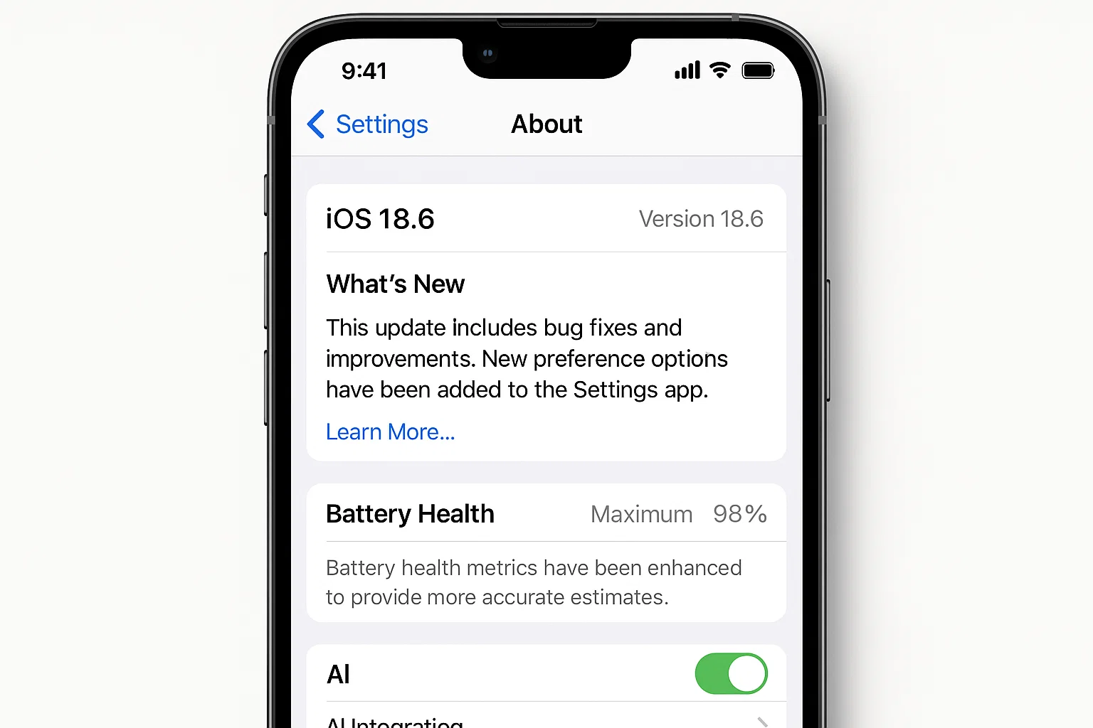 iOS 18 Updates: What’s New for Apple Users in 2025? 4 Screenshot showing iOS 18.6 update settings and AI options
