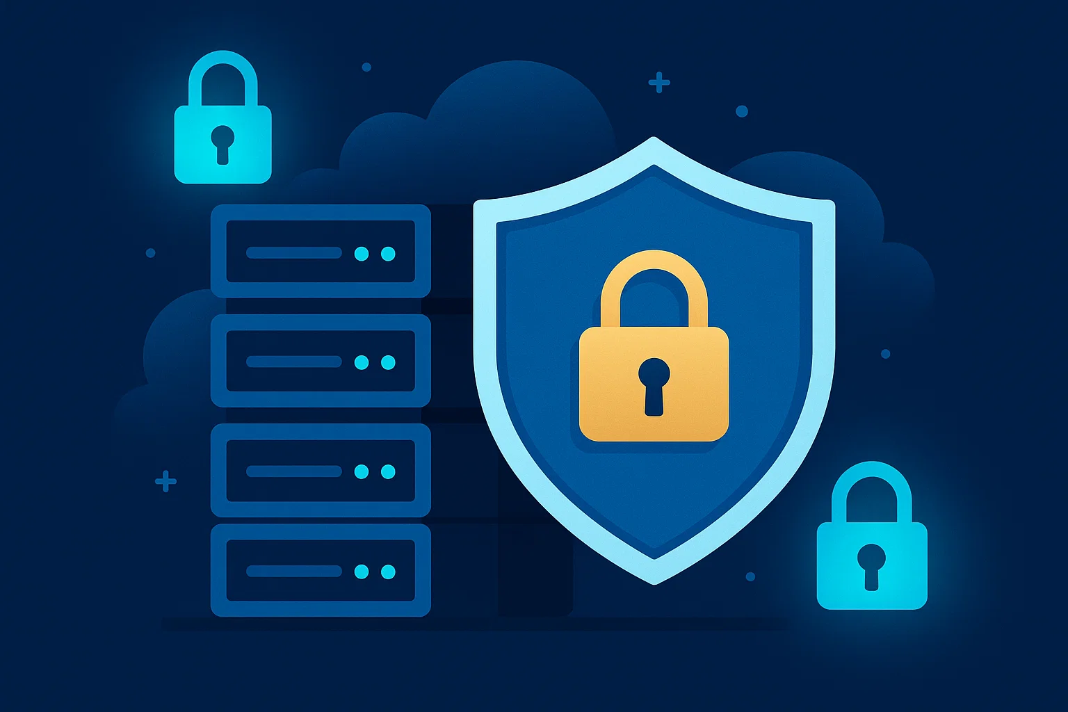Illustration of a server rack with a security shield and lock symbolizing secure hosting providers