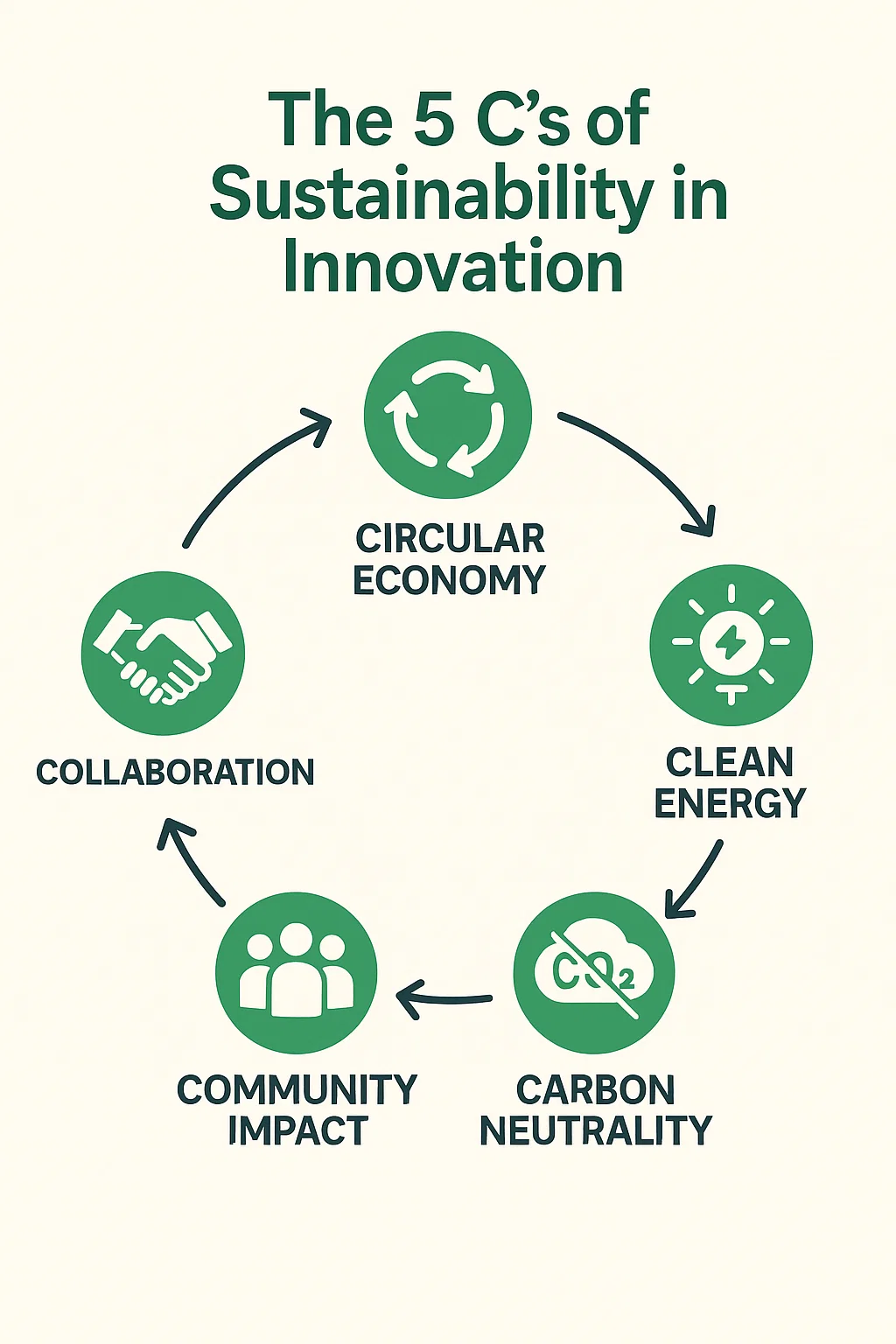 Infographic explaining the five C’s of sustainability that drive innovation.