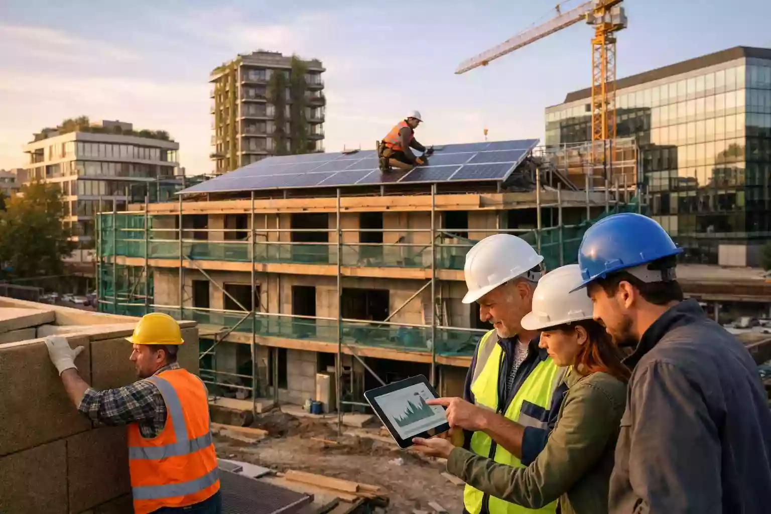 Construction site using sustainable technology with solar panels, green materials, and energy-efficient building design