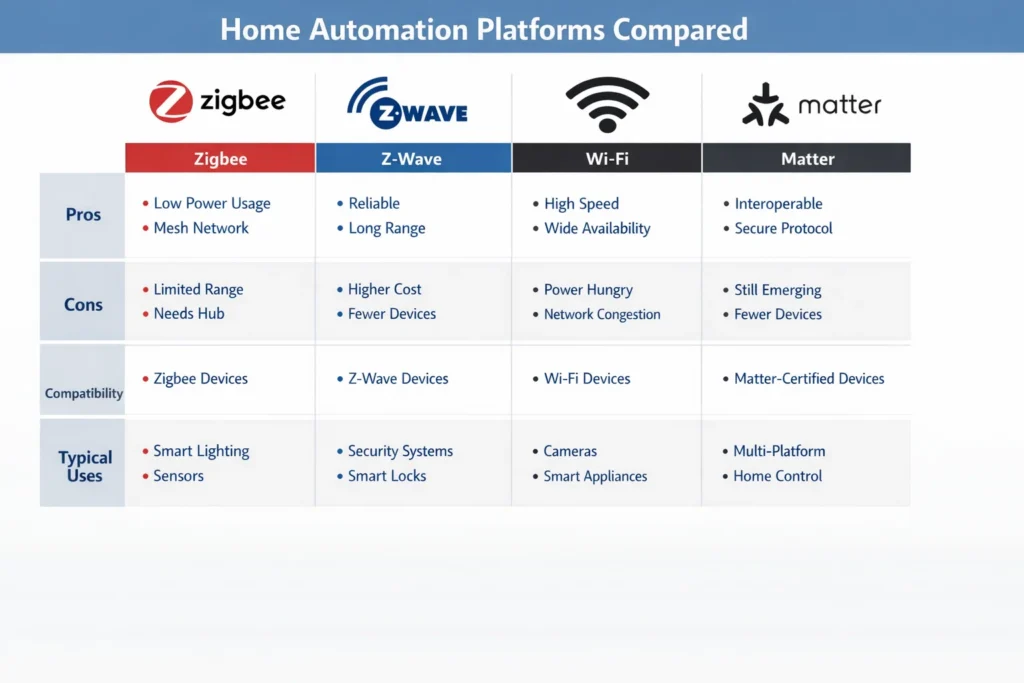 Comparison of popular home automation platforms used in smart homes.