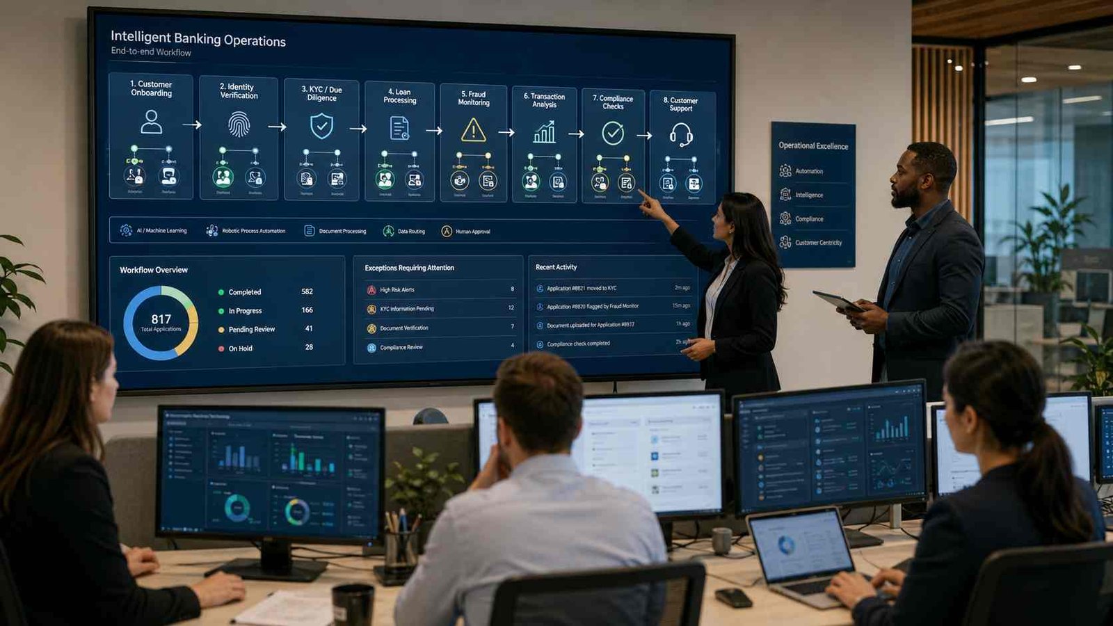 Intelligent Automation in Banking: Uses and Examples 1 Intelligent automation in banking connecting AI, RPA, compliance, lending, and customer service workflows