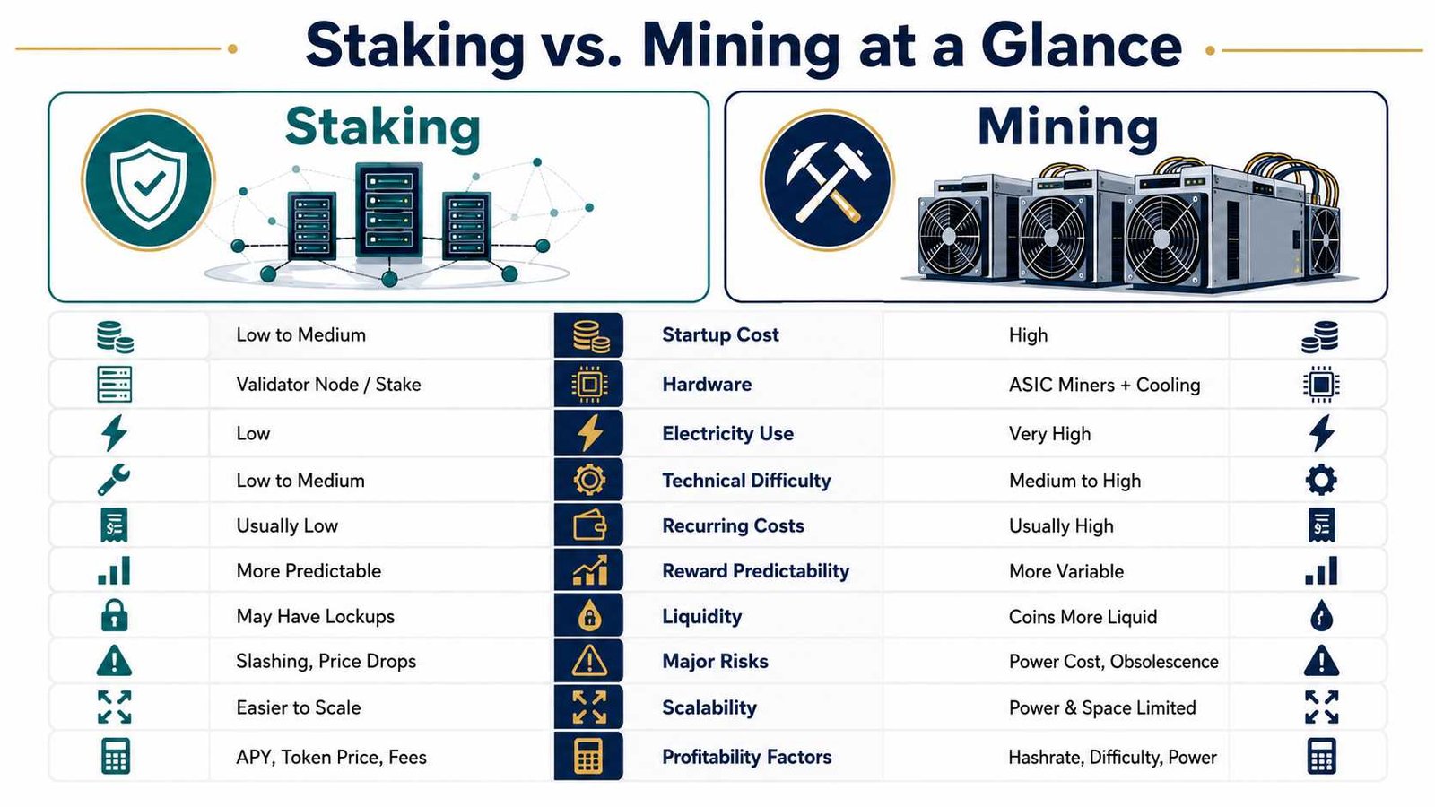 Crypto staking vs. mining infographic comparing costs, rewards, electricity, hardware, and risks.