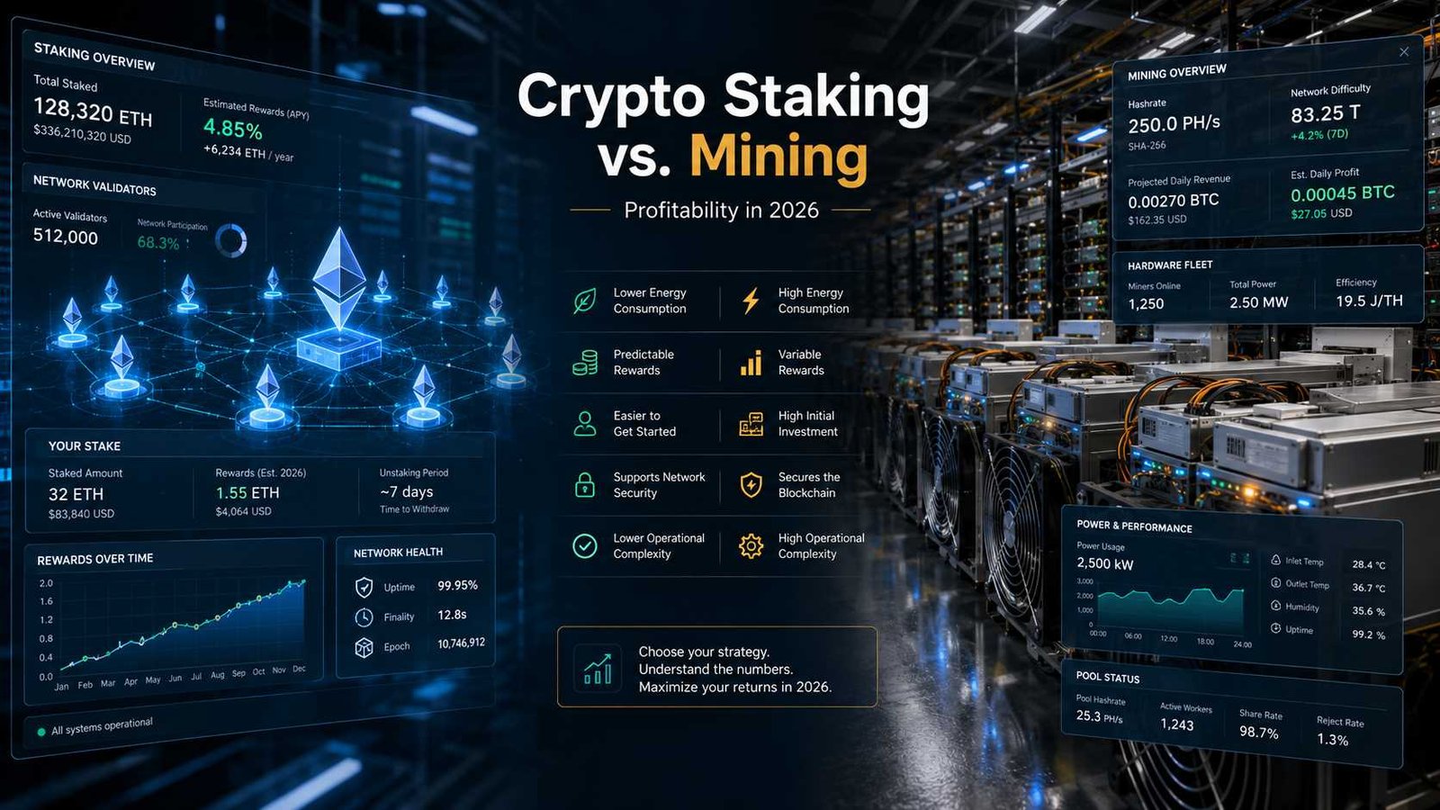 Crypto staking vs. mining comparison showing validator staking and cryptocurrency mining hardware