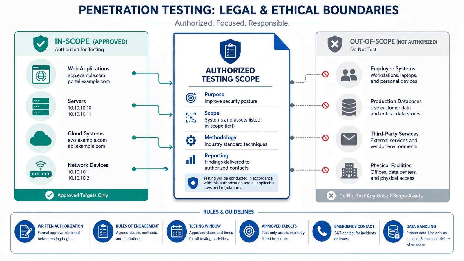 Ethical Hacking Penetration Testing: 7 Stages Explained 3 Ethical hacking penetration testing scope showing authorization, approved targets, and rules of engagement.