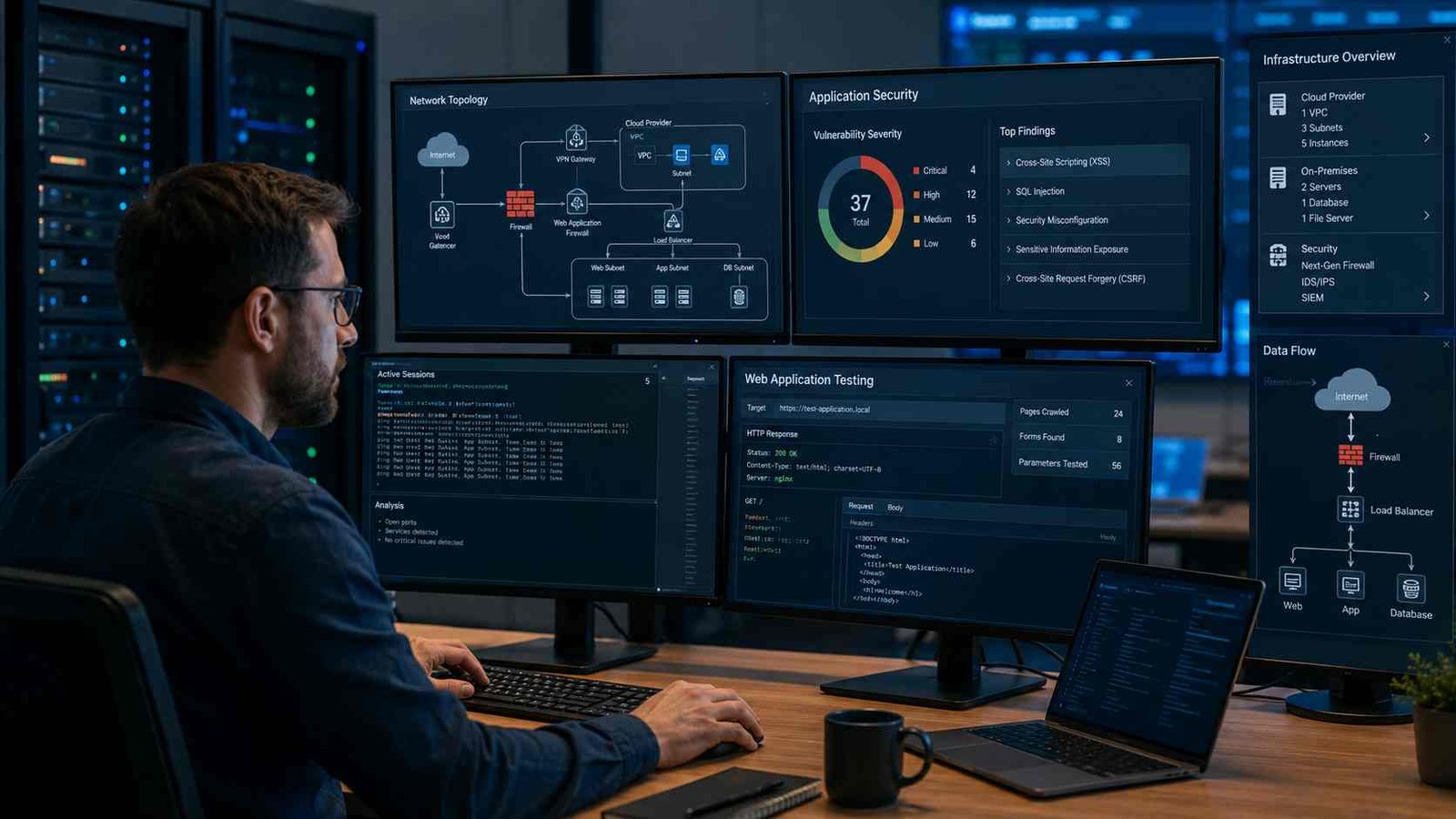Ethical Hacking Penetration Testing: 7 Stages Explained 1 Ethical hacking penetration testing professional assessing network and application security weaknesses.