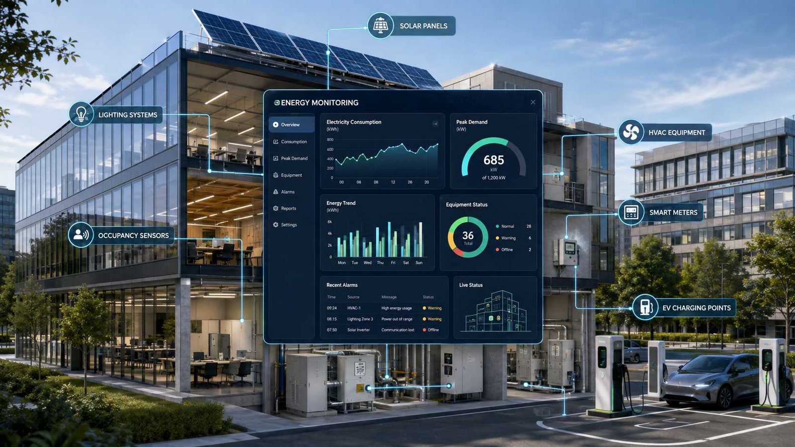 Building energy monitoring system connecting smart meters, HVAC, lighting, solar panels, and an energy dashboard.