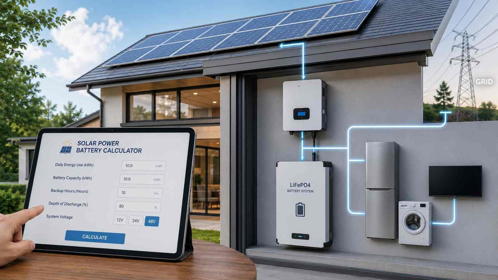 Solar Power Battery Calculator: Size Your Battery 1 Solar power battery calculator estimating battery storage for a home solar system.