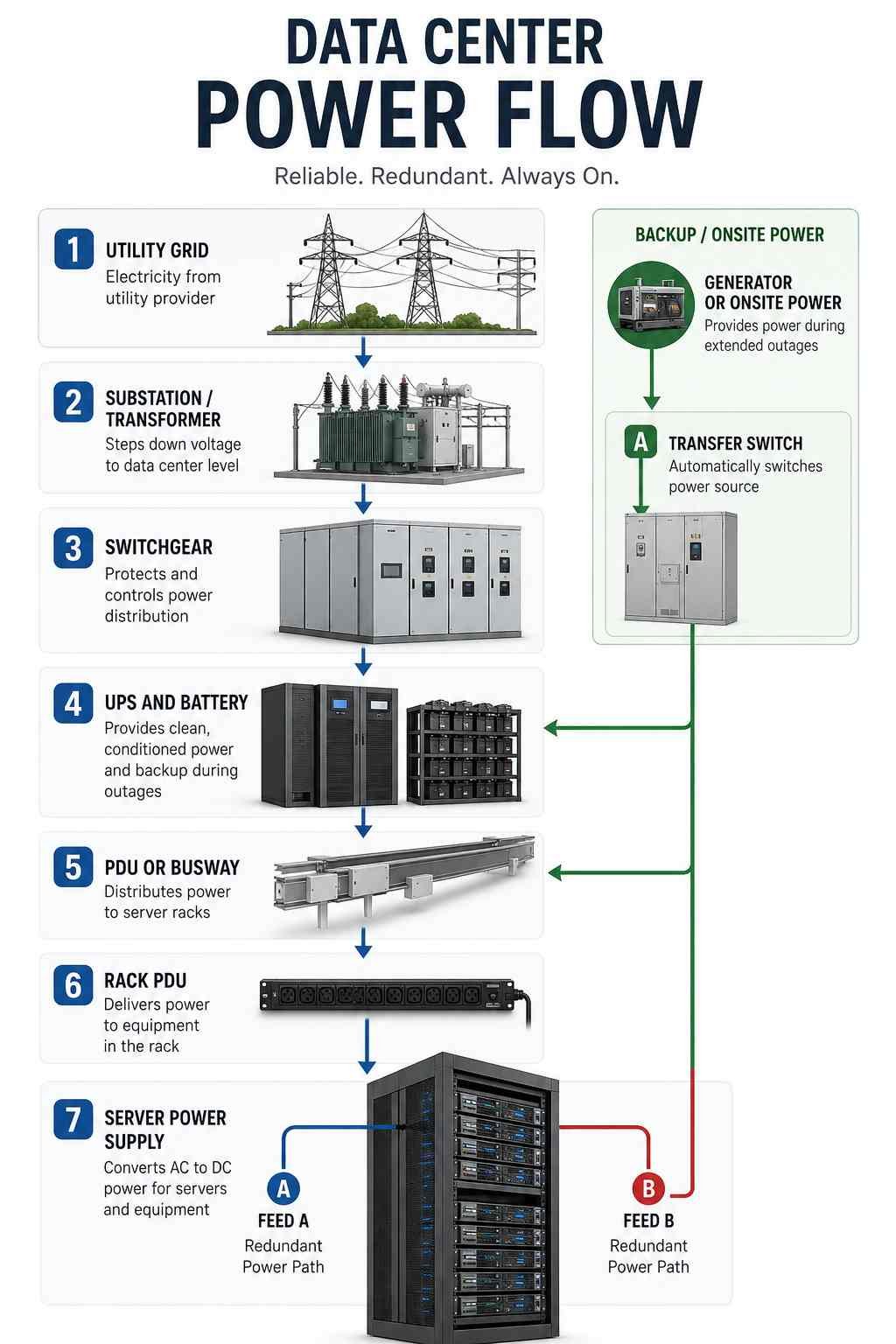 Data Center Power Supplies: Grid, UPS and Backup Power 2 Infographic showing how data center power supplies move electricity from the utility grid through UPS and PDUs to servers.