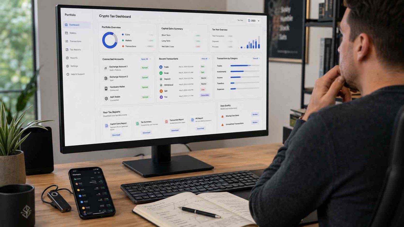 Koinly crypto tax software concept showing crypto transactions consolidated into a tax reporting dashboard.