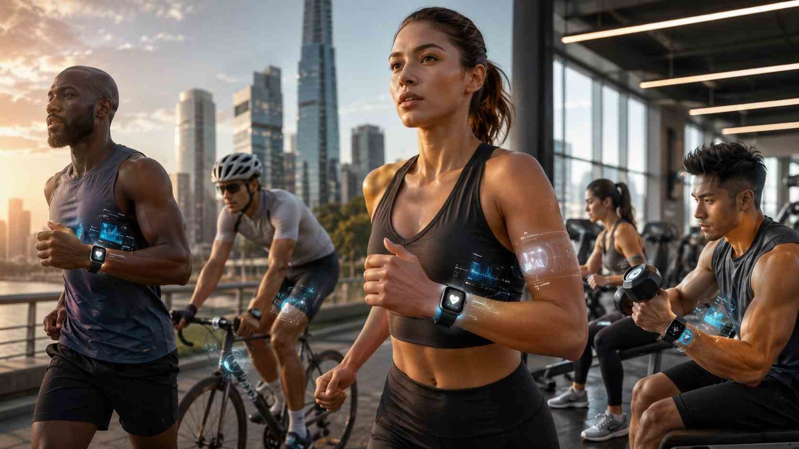 People using the best fitness trackers in 2026 during outdoor workouts and daily fitness activities.