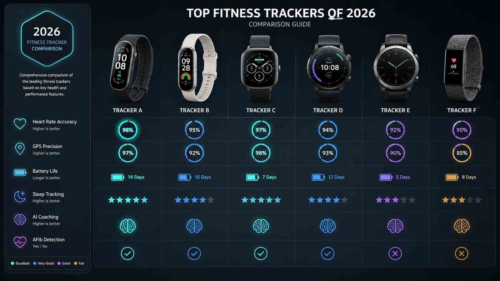 Comparison chart of the most accurate fitness trackers in 2026.