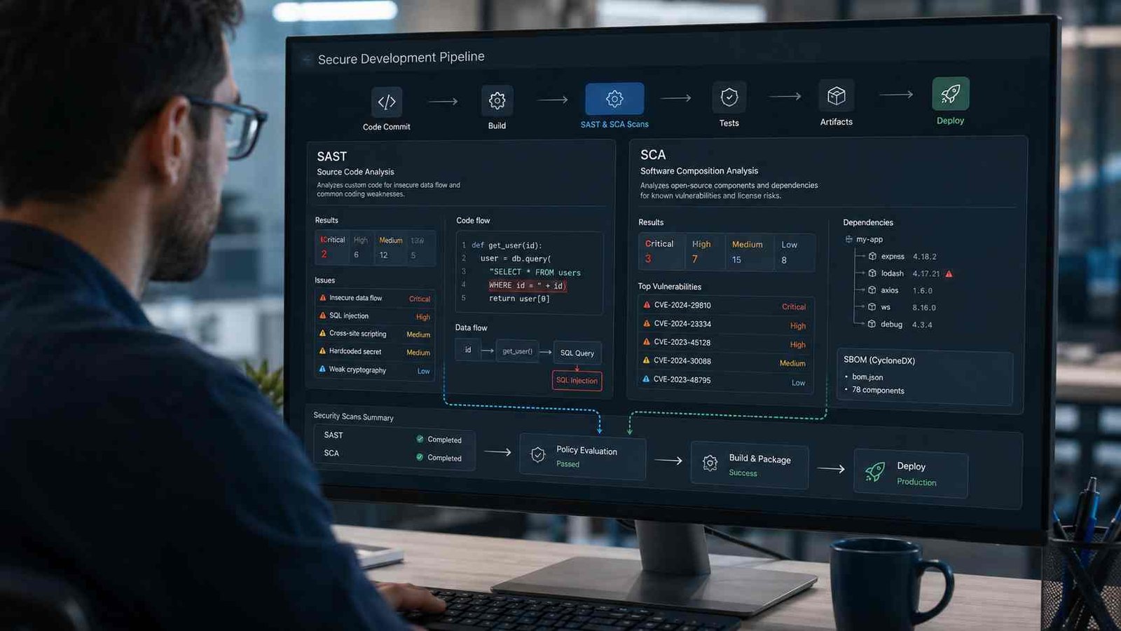 SAST and SCA Tools: Differences, Uses, and Best Picks 1 SAST and SCA tools scanning custom code and open-source dependencies in a DevSecOps workflow