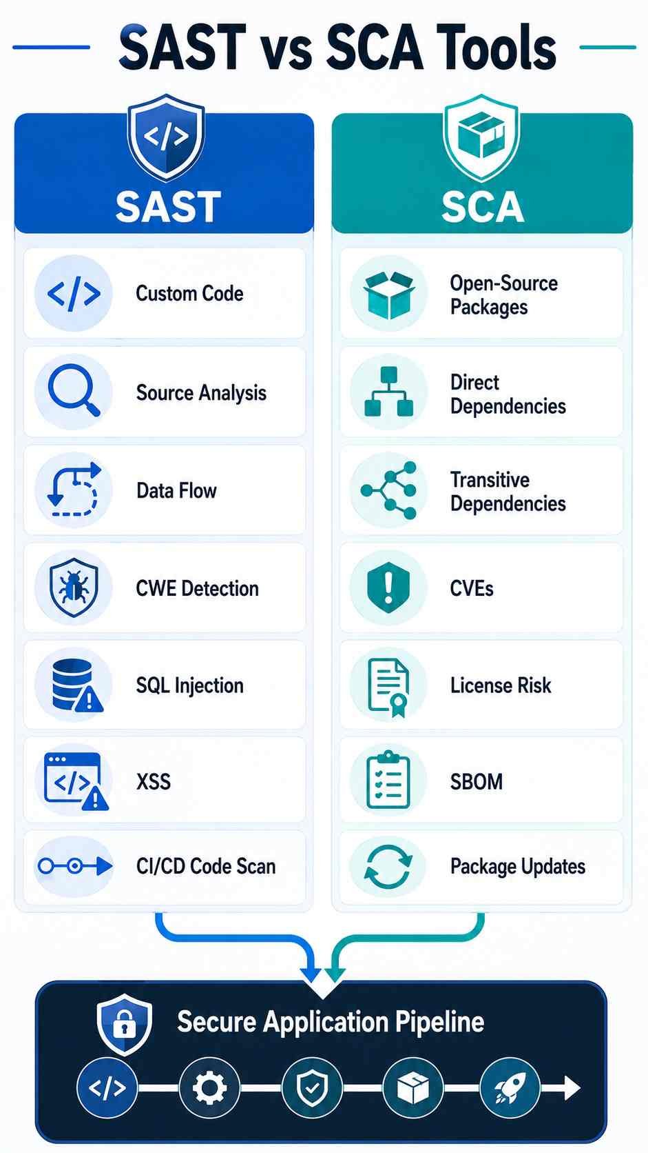 SAST and SCA Tools: Differences, Uses, and Best Picks 2 SAST vs SCA tools infographic comparing custom code scanning with open-source dependency analysis