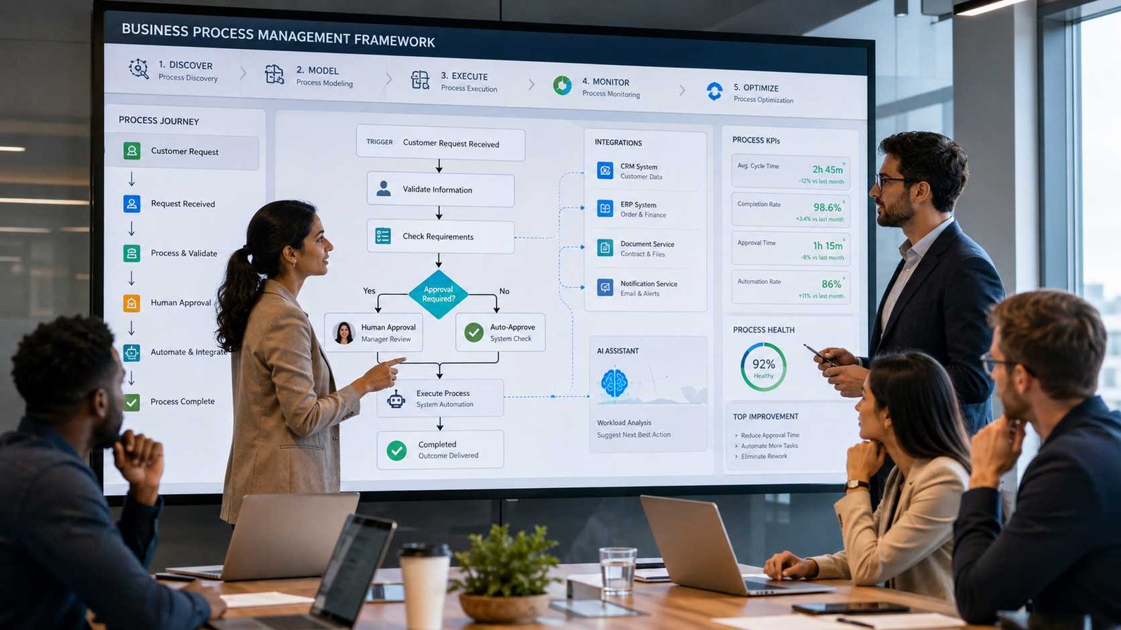 Business process management framework showing connected workflow stages from process design to continuous improvement