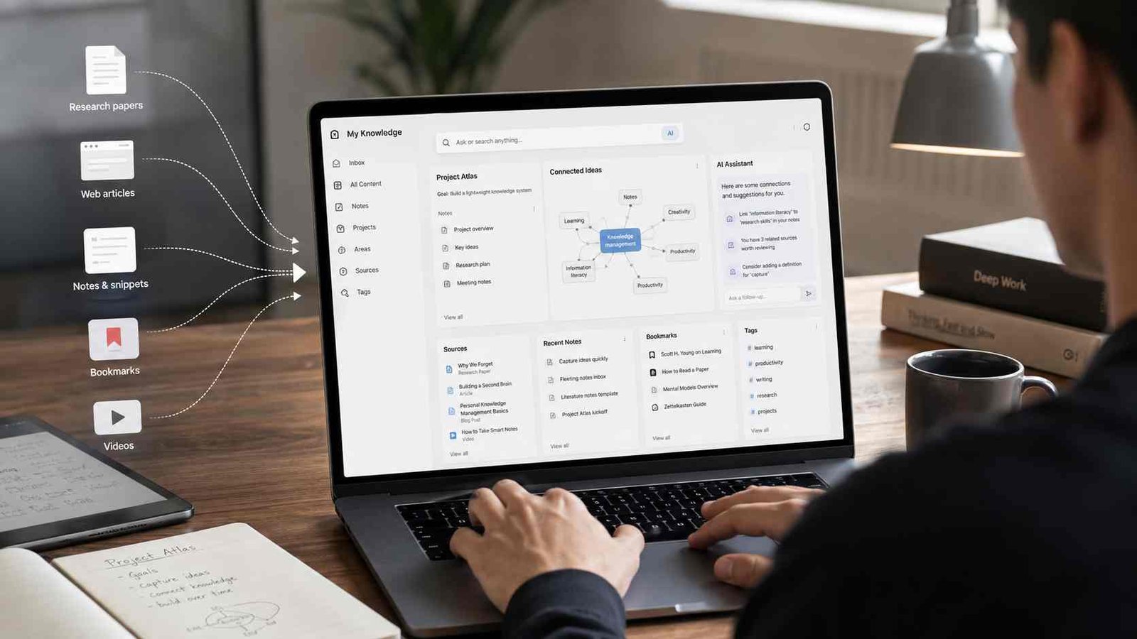 Personal knowledge management tools organizing notes, research, projects, and connected information.