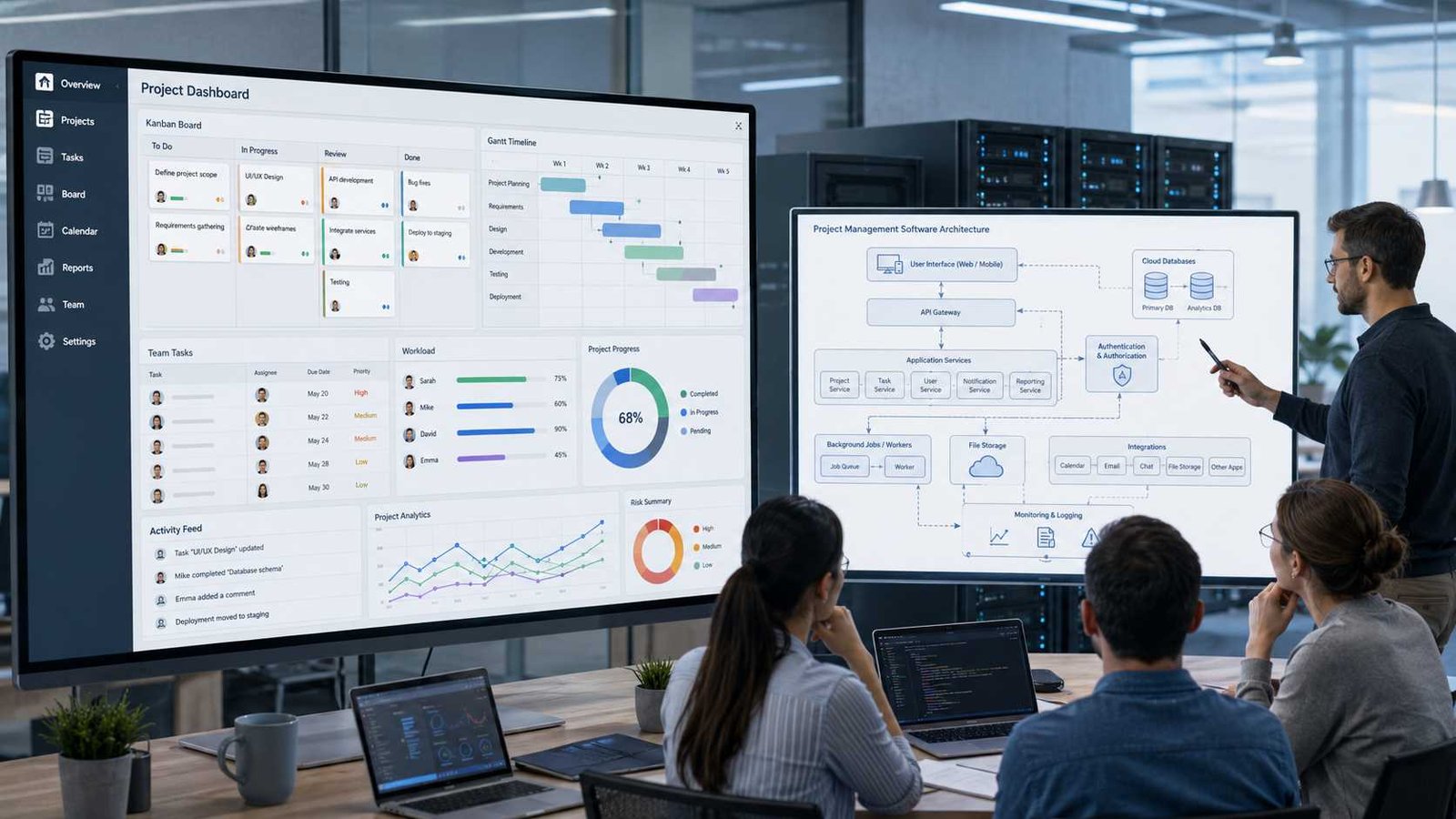 Project management software architecture showing the interface, APIs, cloud services, database, security, and integrations.