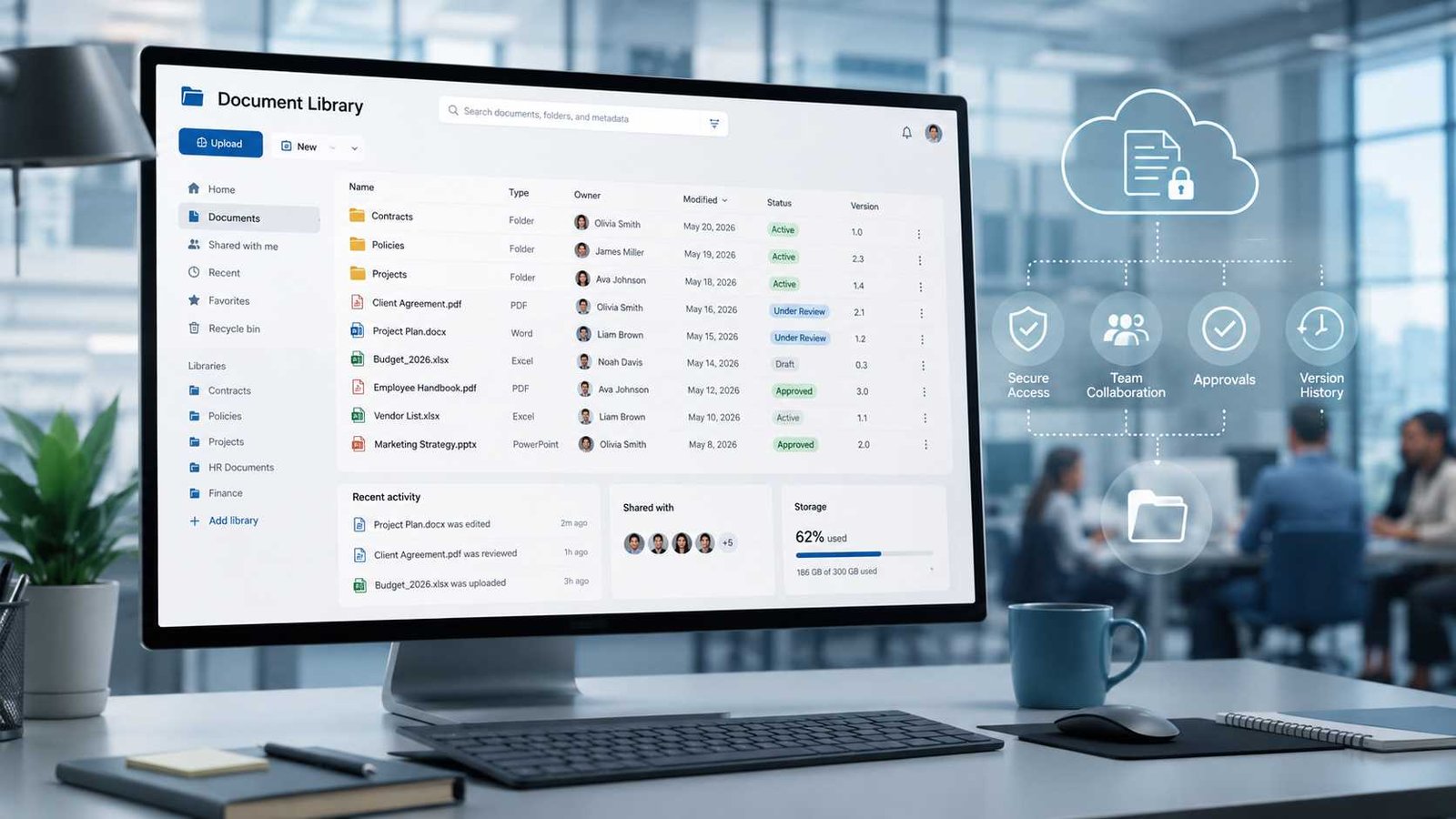 SharePoint Document Management System: 2026 Guide 1 A SharePoint document management system organizing business files, metadata, versions, and team access.