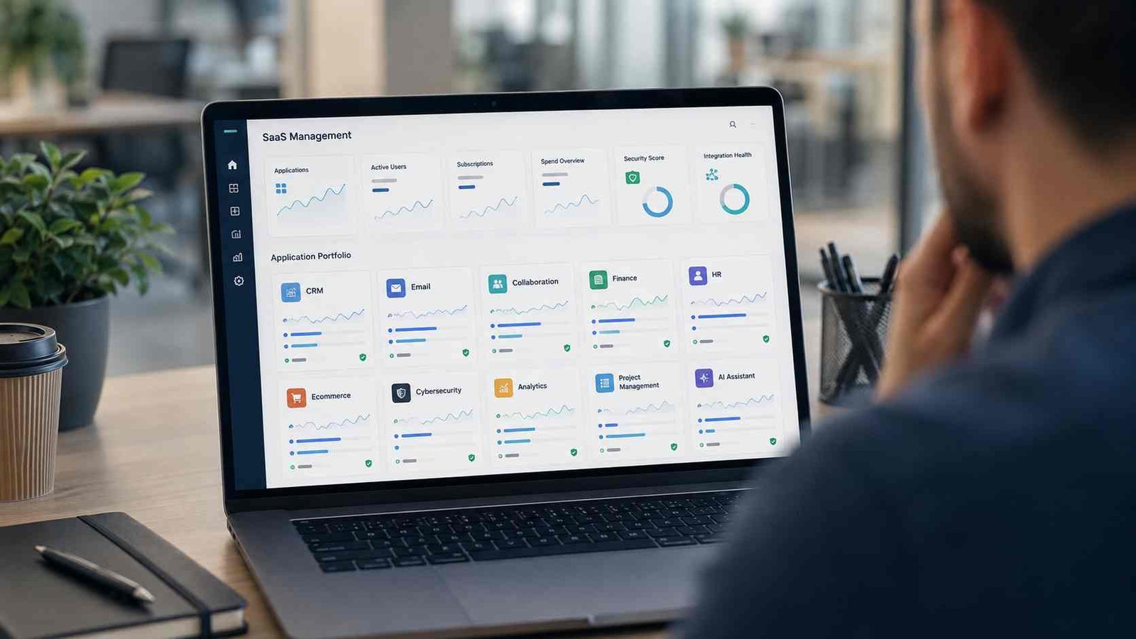 Dashboard for managing different types of SaaS software, subscriptions, users, security, and integrations.