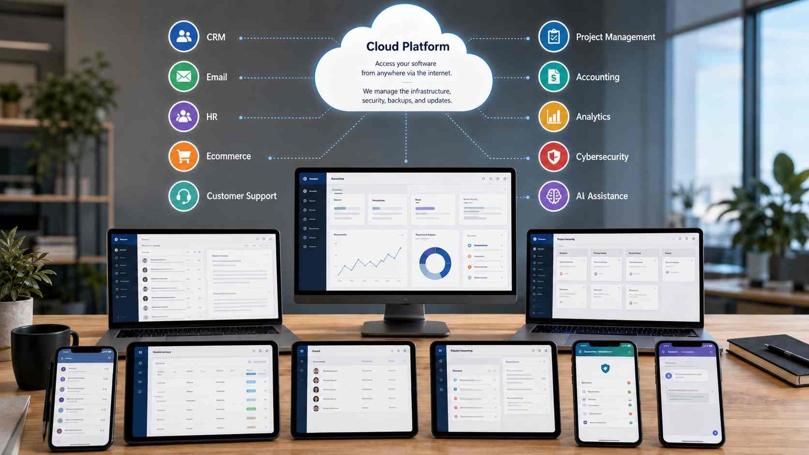 Types of SaaS software shown as cloud-based CRM, email, accounting, analytics, security, and collaboration applications