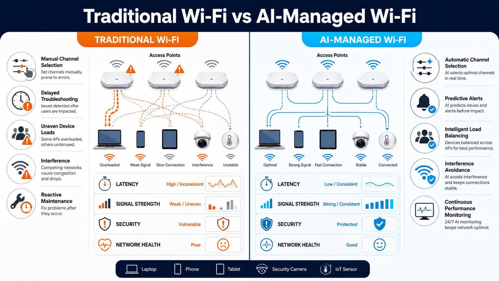 The Role of AI in Enhancing Wireless Network Performance in 2026 2 Comparison showing how AI improves wireless network performance over manually managed Wi-Fi.