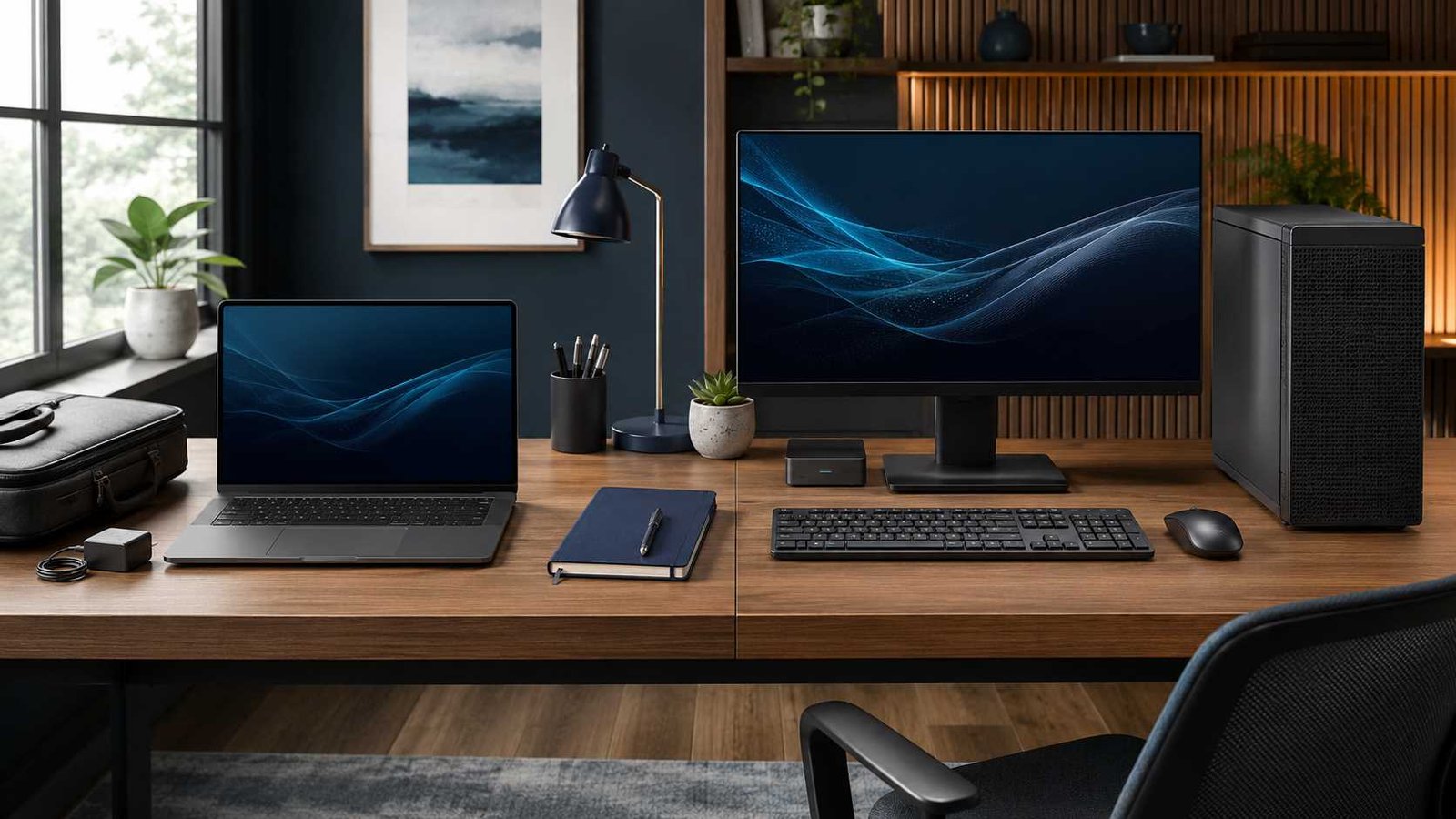 Laptop vs desktop hardware setups compared in a modern home office.